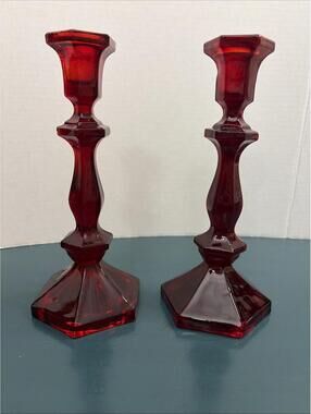 Fostoria Ruby Red Coin Glass Tall Candle Sticks